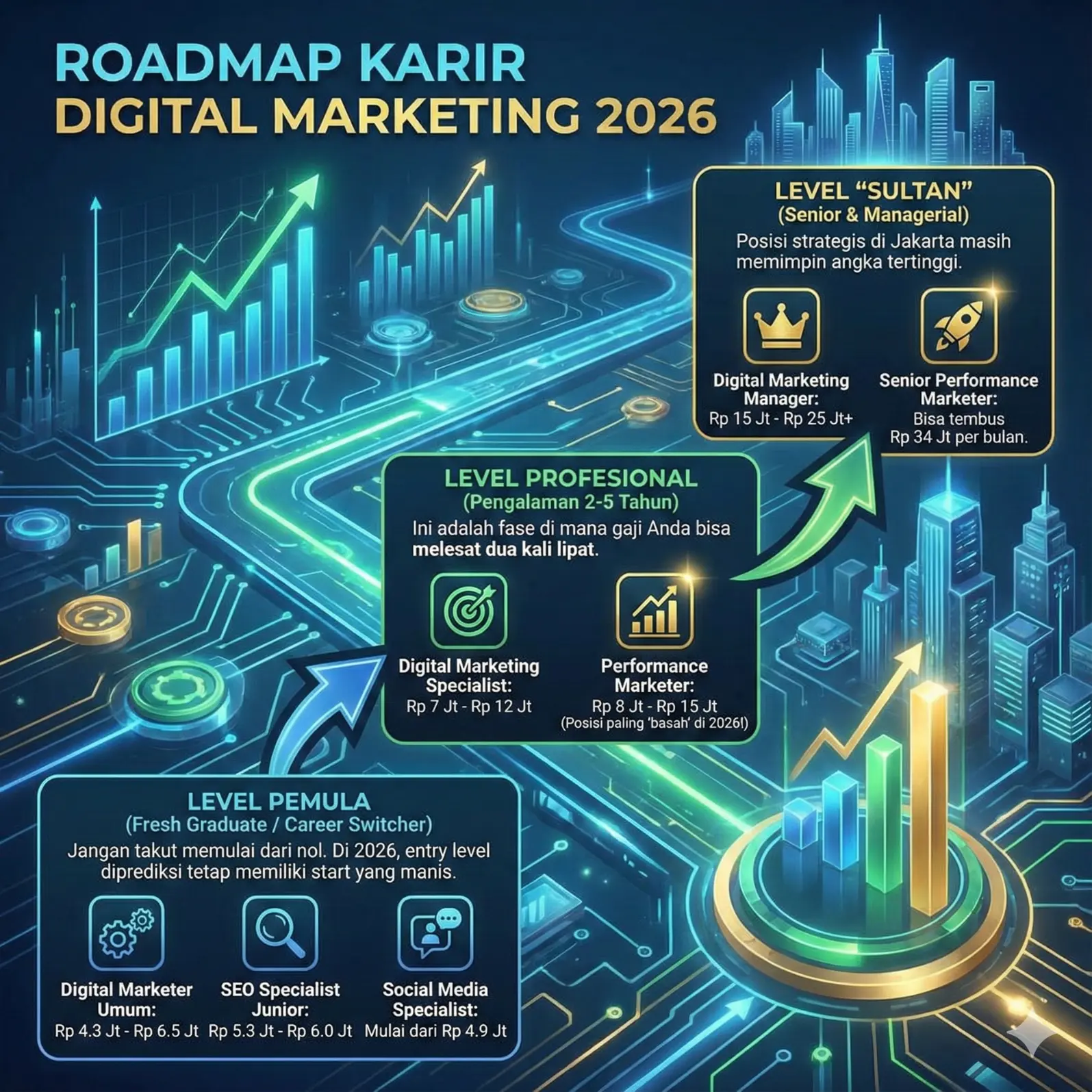 Jenjang karir dan estimasi kenaikan gaji digital marketing 2025 ke 2026.